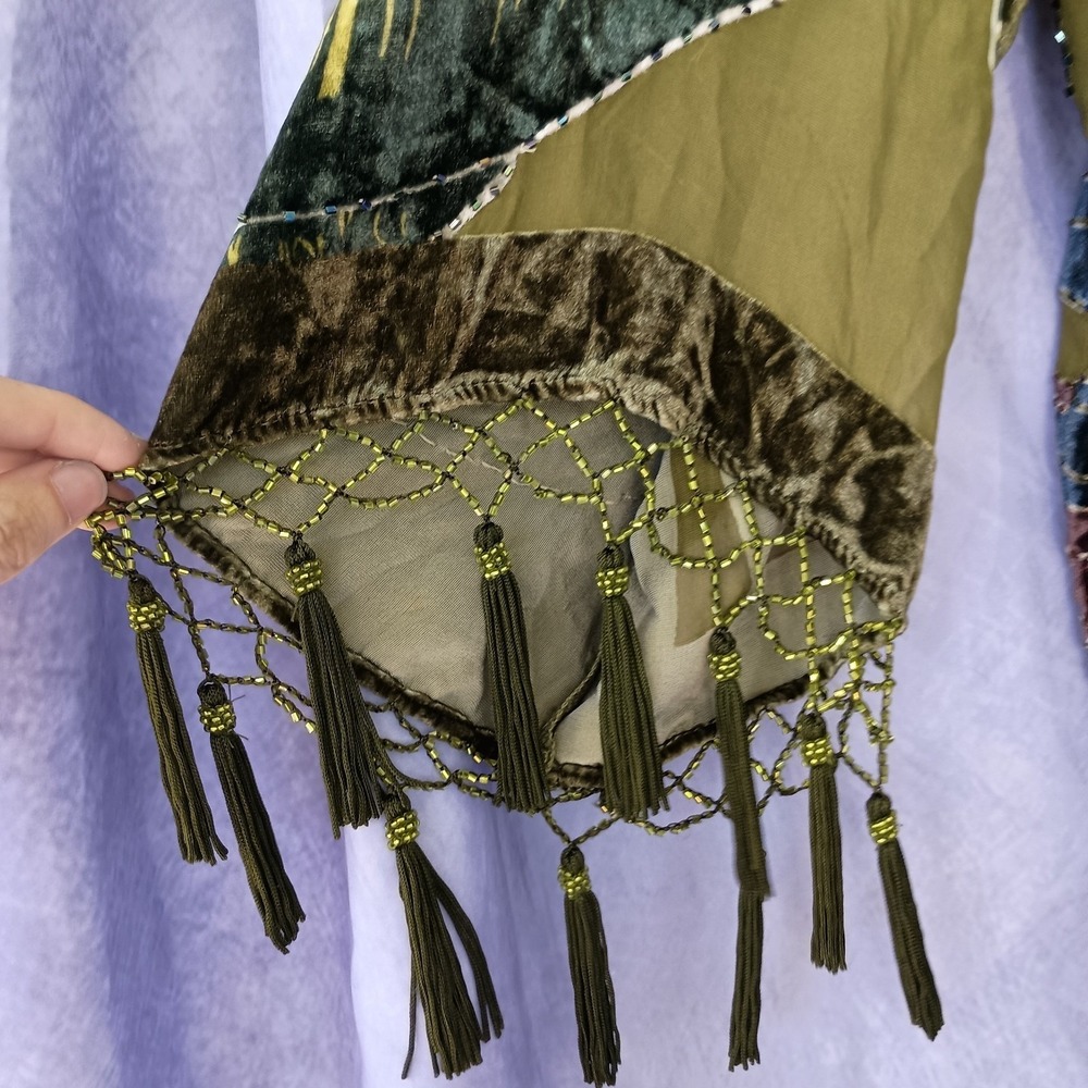 Chico's Vintage Olive Silk Velvet Burnout Tassel Beaded Kimono - Picture 4 of 11